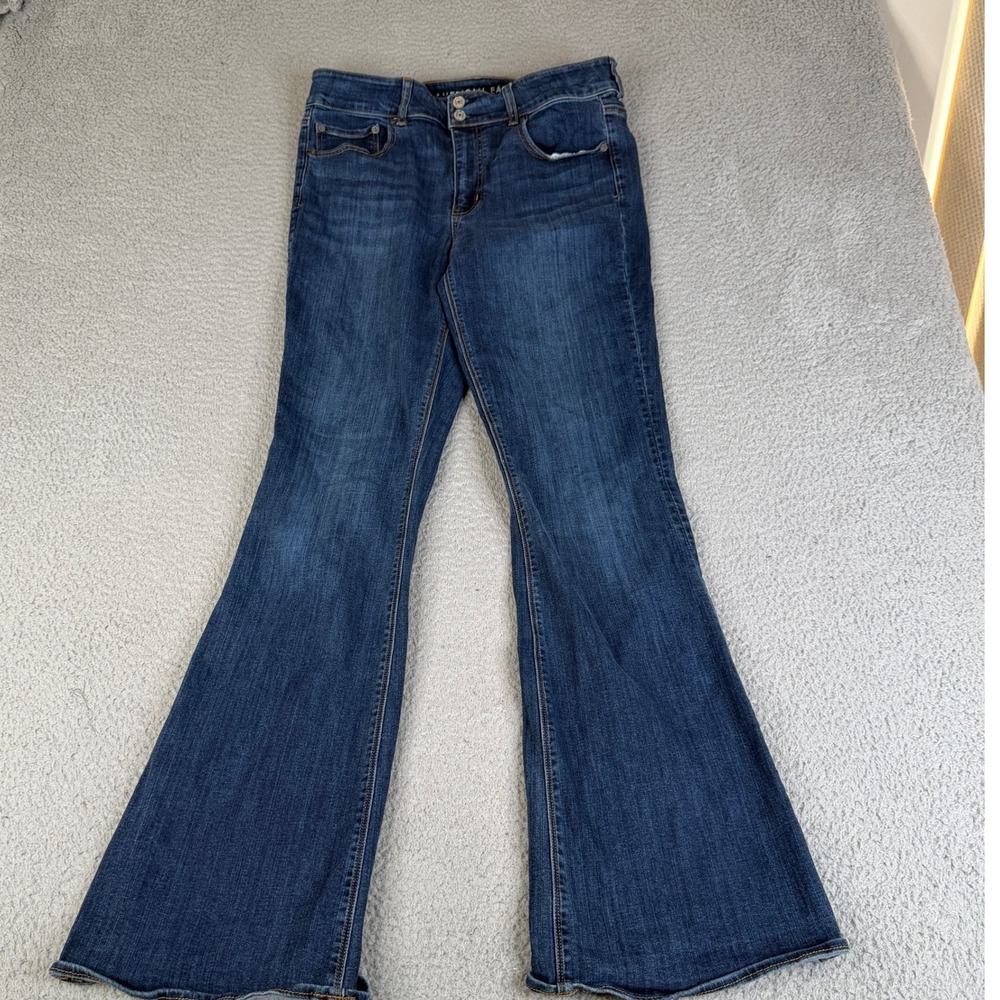 American Eagle Jeans Womens 14 X Long Blue High Rise Artist Flare Double Button